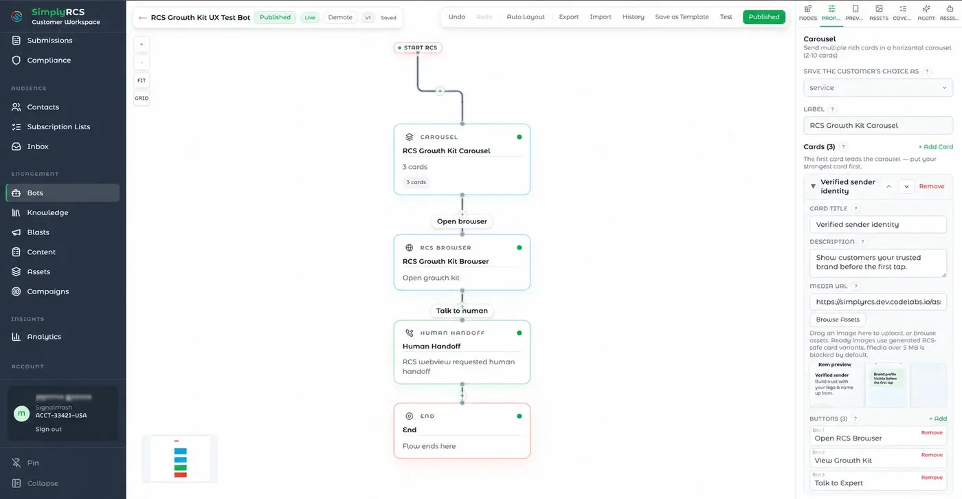 The SimplyRCS bot builder: the RCS Growth Kit flow on the visual canvas, with a carousel, RCS browser, human handoff, and an end step, plus the card properties panel.
