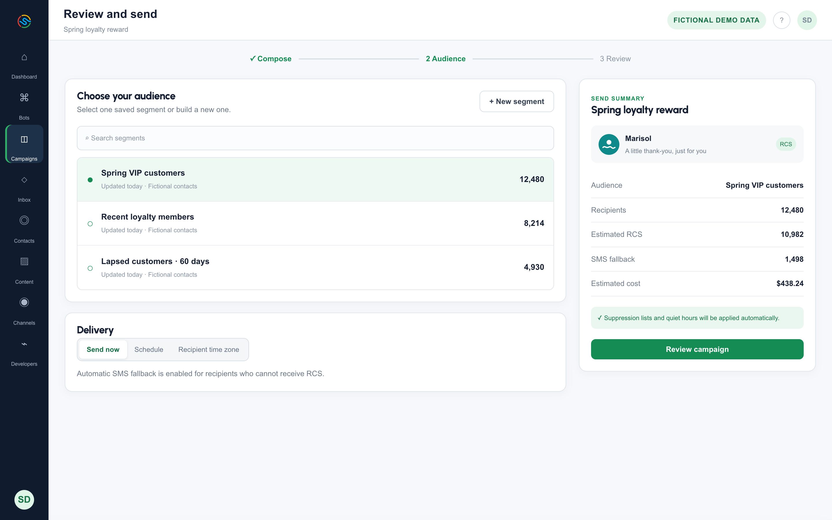 Review and send: Pick a segment, see the RCS and SMS split and the estimated cost, then send.