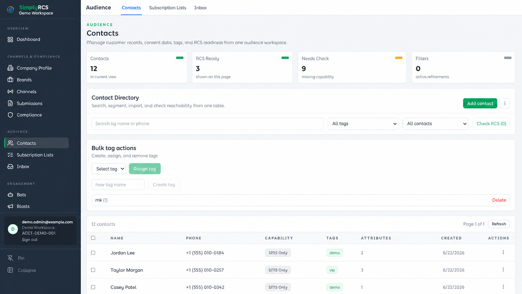 Contacts and segments: Manage records, consent, tags, and RCS reachability from one table.