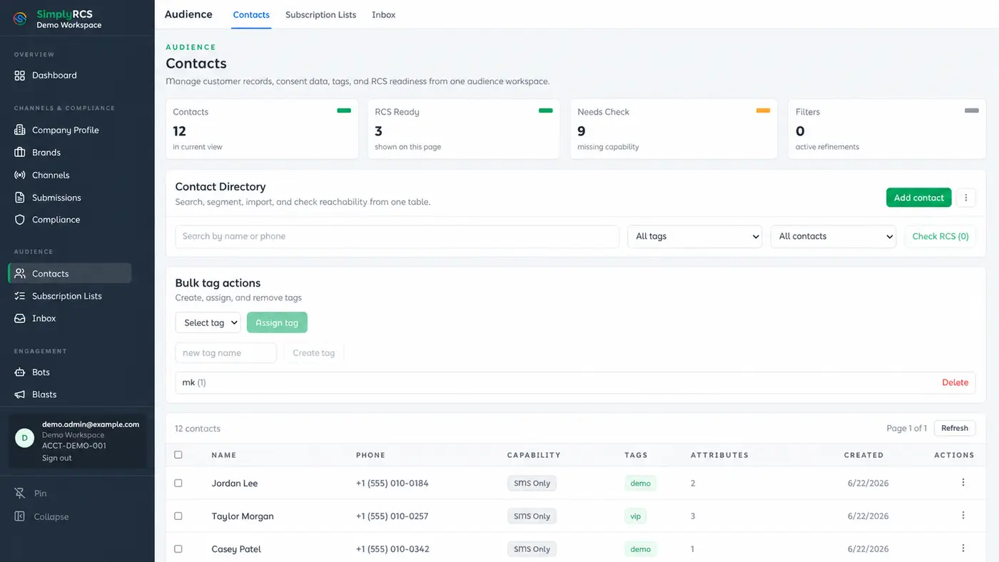 Contacts and segments: Manage records, consent, tags, and RCS reachability from one table.