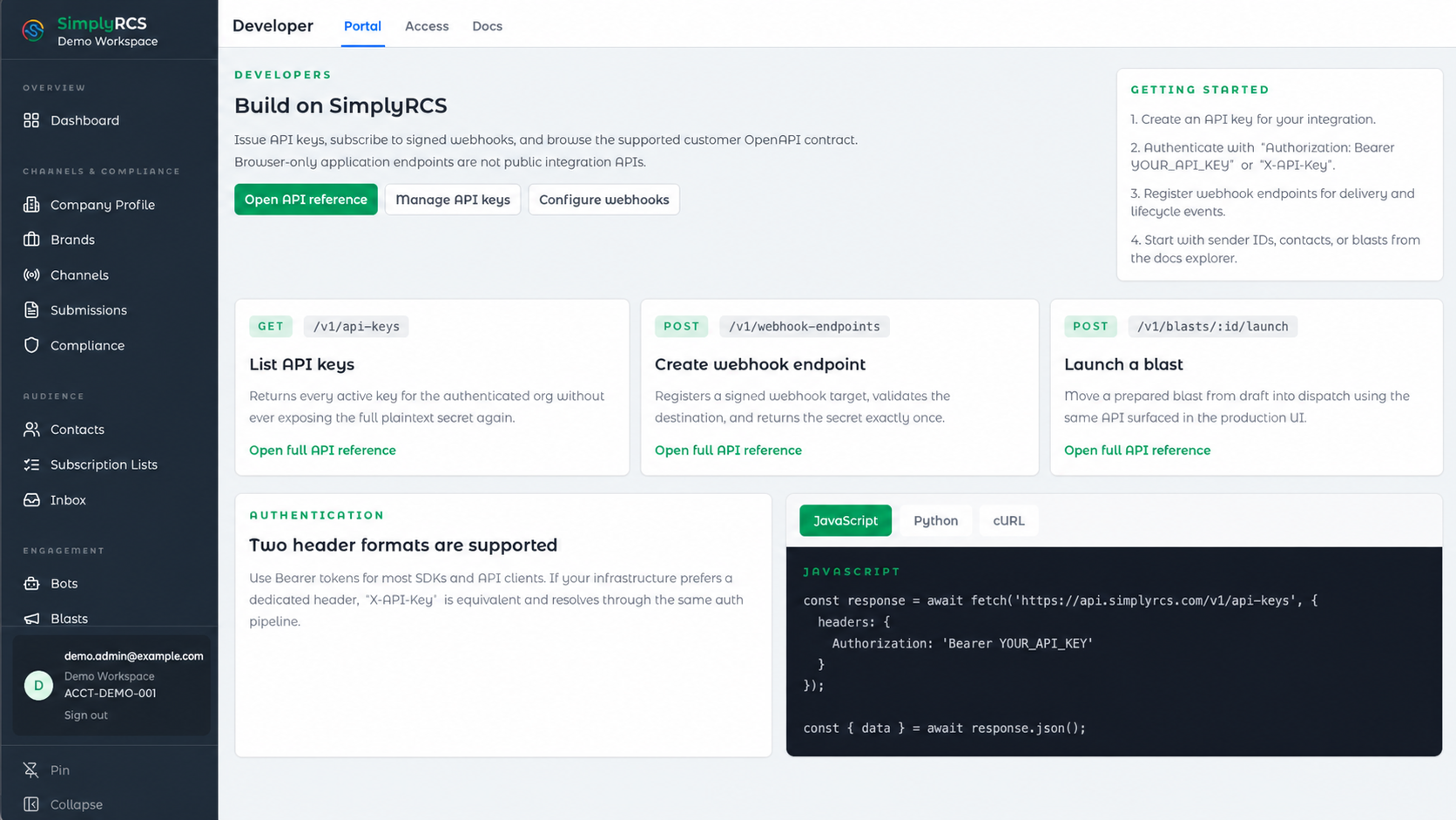 Developer portal: API keys, signed webhooks, and the supported REST contract.
