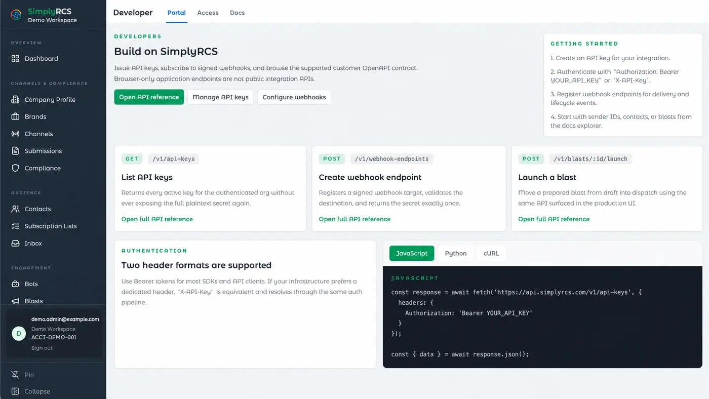 Developer portal: API keys, signed webhooks, and the supported REST contract.