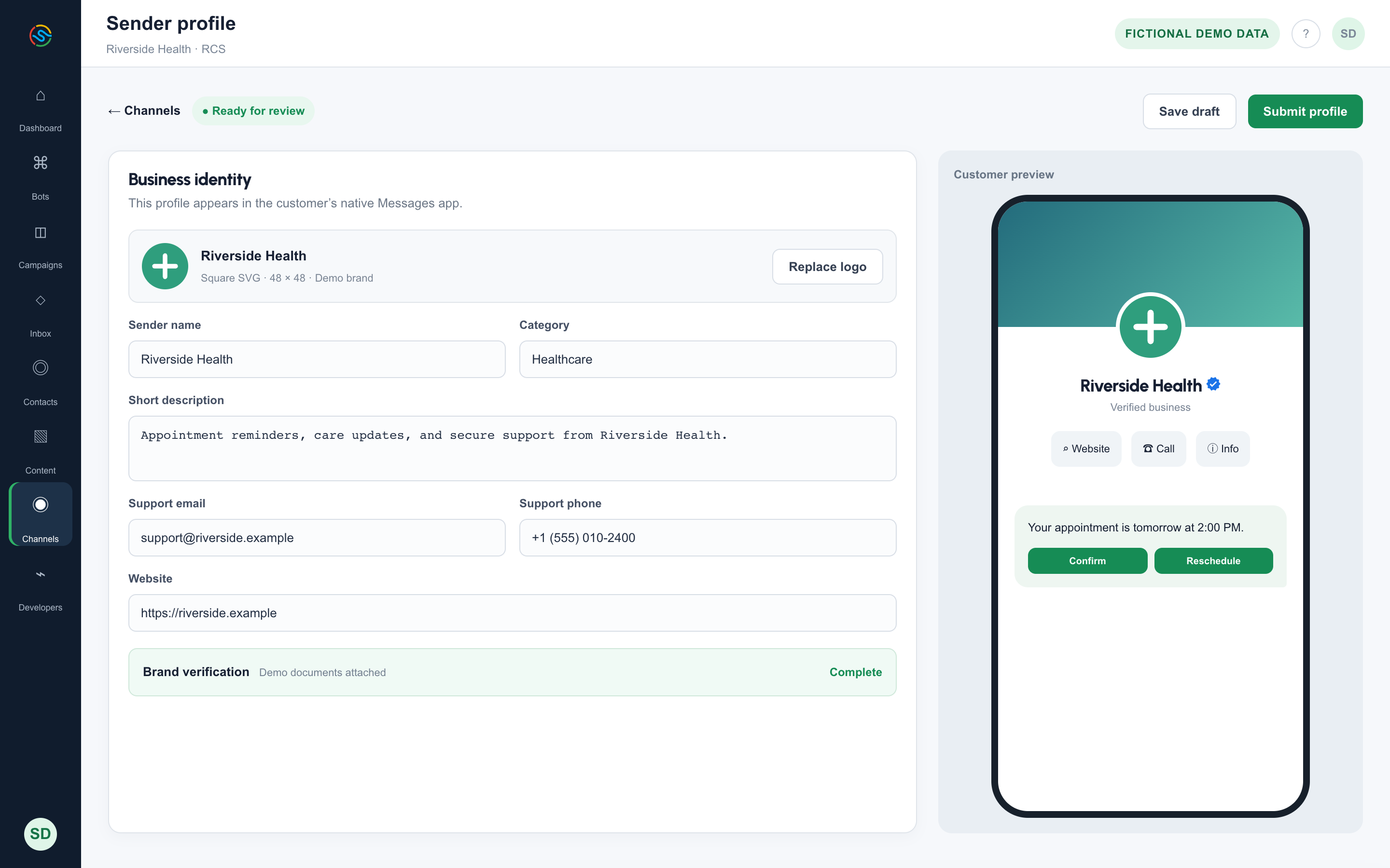 Sender profile: A verified business identity that appears in the native Messages app.