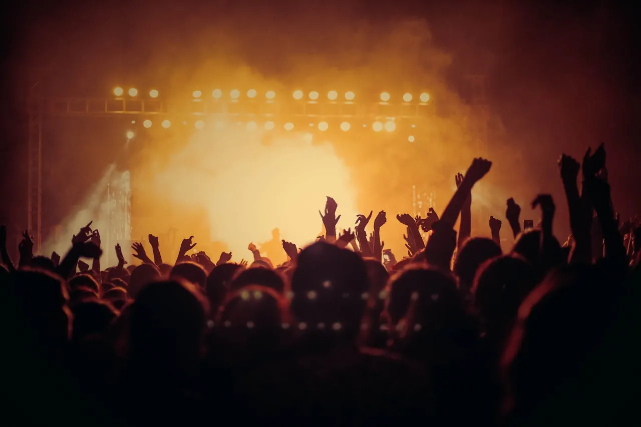 A crowd with raised hands at a live event
