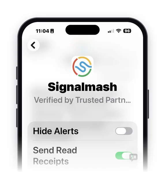 A verified RCS business sender profile in Messages on iPhone: the Signalmash logo and name with the label Verified by Trusted Partner