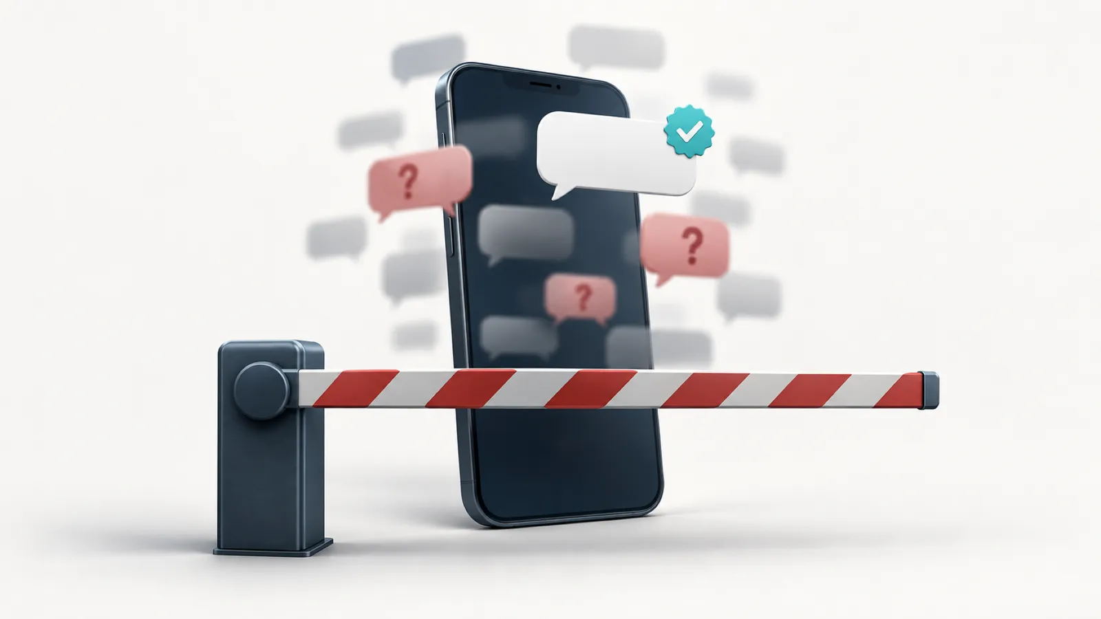 A phone full of blurred and questionable text messages behind a toll barrier, with one verified message on top